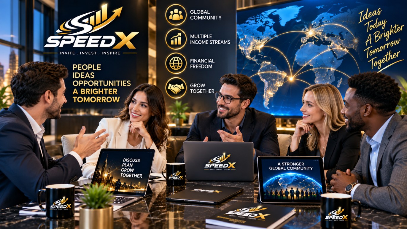 A SpeedX team discussing global community, multiple income streams, financial freedom and growing together